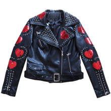 Fashion Windproof Punk Rivet Beading Stitching Pu Leather Jacket Female Street Style Love Sequins Beading Leather Jacket F1048 2024 - buy cheap
