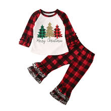 1-5Y Christmas Girls Clothes Set Toddler Kid Girls Long Sleeve Cartoon T shirt + Plaid Leopard Ruffle Pants Outfits Xmas Clothes 2024 - buy cheap