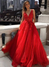 Красные вечерние платья с кружевной аппликацией и V-образным вырезом, корсет с открытой спиной и шлейфом, ТРАПЕЦИЕВИДНОЕ ПЛАТЬЕ 2020, платье для вечеринки 2024 - купить недорого