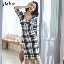 Jielur xadrez vestido feminino 2021 novo outono chique com decote em v robe femme magro bodycon vestido vestidos finos coreano S-XL 2024 - compre barato