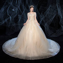 Vestido de casamento 2021 luxo champanhe lantejoulas o-pescoço escova trem rendas até vestido de baile princesa vestidos de casamento tamanho personalizado 2024 - compre barato