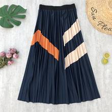 2022 Autumn & Winter New Arrival A-line Pleated Skirt Casual Simple Striped Print Stitching Women Mid Length Skirt Free Shipping 2024 - buy cheap