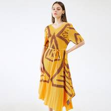 Miyake plissado pintado vestido feminino outono inverno vestido 2021 amarelo faixas omighty inspirado vestidos roupas estéticas 2024 - compre barato