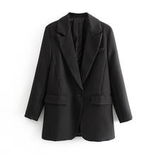 Elegant solid basic women blazer notched collar single button pockets black jacket female office wear coat tops 2024 - buy cheap