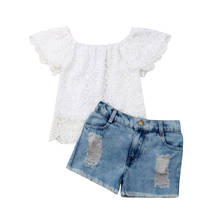 2PCS Kids Baby Girls Summer Clothing Sets Lace Floral T-shirt Tops+Denim Short Pants Clothes Set 1-6Y 2024 - buy cheap