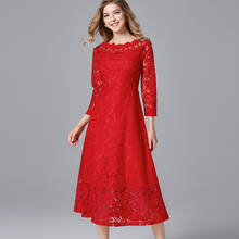 Fat mm one line collar dress European and American fashion super xiansen red lace dress with fat and large size 2024 - buy cheap