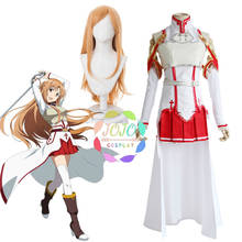 SAO Sword Art Online Asuna Yuuki Cosplay Costume Battle Fight Top Skirt Dress Halloween Party Carnival / Long Straight Braid Wig 2024 - buy cheap