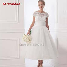 2022 Lace Short Wedding Dress Tea Length A Line Bridal Gown Sheer Neck Appliques Tulle Vestido De Novia Robe Mariage France 2024 - buy cheap