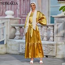 Siskakia elegante cetim puff manga maxi vestido para mulher 2021 eid mubarak sólido ruffle sereia hem dubai árabe robe azul amarelo 2024 - compre barato