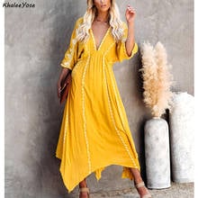 KHALEE YOSE Floral Embroidery Maxi Dress Yellow Summer Boho Dress Vintage Sexy Deep V  Women Holiday Irregular Dresses 2021 New 2024 - buy cheap