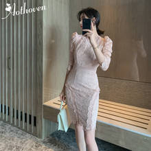 2020 Autumn Pencil Lace Dress Pink Office Ladies Elegant OL Womens Dress Hollow Out Bandage Bodycon Sexy Party Wrap Midi Dresses 2024 - buy cheap