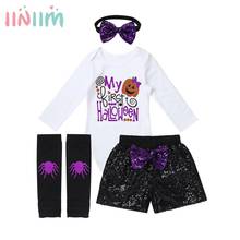 Ropa Infantil para niñas pequeñas, mi primer traje de Halloween, pelele estampado de calabaza para fiesta de Halloween con diadema, pantalones cortos calentadores de piernas 2024 - compra barato