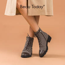 Beauté today botas femininas de cano curto, calçado com zíper lateral artesanal de couro bovino com retalhos e ponta redonda 03835 2024 - compre barato