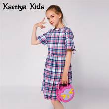 Kseniya Crianças Da Menina de Verão Rendas Até Vestidos de Manga Curta de Algodão Xadrez Para A Escola Casuais 2024 - compre barato