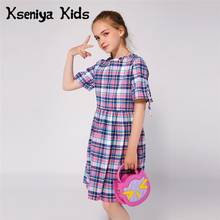 Kseniya Kids Summer Girl Lace Up Short Sleeve Plaid Cotton Dresses For School Casual 2024 - buy cheap