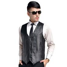 New Fashion Casual Slim Vest Men Sleeveless Jacket Soft Skin Leather Vest Brand V-neck 5 Pocket Waistcoat Man Clothing Plus Size 2024 - buy cheap