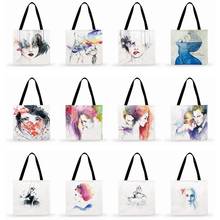 Bolsa para compras dobrável, arte em aquarela, figuras de arte, impressa, bolsa tote para mulheres, casual, ar livre, praia, bolsa de ombro para mulheres 2024 - compre barato