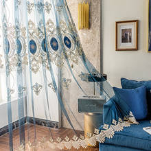 Cortinas opacas de gasa con bordado Floral para dormitorio, cortinas transparentes de tul de encaje soluble en agua, color azul europeo de lujo 2024 - compra barato