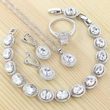 Conjunto de joias femininas de prata 925, para casamento, cristal branco, zircônia cúbica, pulseira, colar, pingente, brincos, anel 2024 - compre barato