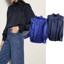 Women's Blouse Za Fashion 2021 Office Lady Stain Turtleneck Blouse Long Sleeve Chic Navy Blue Elegant Mujer Tops 2024 - buy cheap