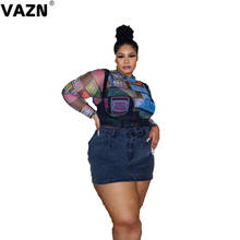 VAZN-Camiseta de encaje transparente para mujer, ropa Sexy de talla grande, cuello alto, manga larga, 2021 2024 - compra barato