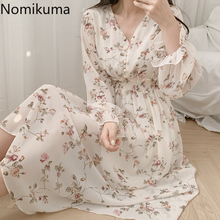 Nomikuma-Vestido de manga larga con escote en V para Mujer, ropa de cintura ajustada con estampado Floral a media pantorrilla, elegante, estilo coreano 2024 - compra barato