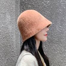 New Autumn Winter Dome Brief Temperament Solid Color Imitation Mink Warm Bucket Hat Women Fashion All-match Fishermen Hat 2024 - buy cheap