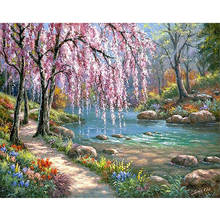 Pintura a óleo por números kit casa diy pintura sobre tela árvore flor rio estrada primavera riverside cenário 2024 - compre barato