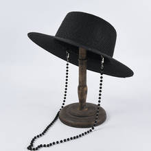 Шляпа Женская фетровая с широкими полями, Панама простая церковная с козырьком, из искусственной шерсти, однотонная, с цепочкой, чёрный/белый цвета 2024 - купить недорого