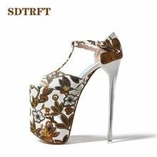 SDTRFT Stiletto Nightclubs Dance Sandals Platform shoes woman 20cm Thin Heels Ethnic Style Embroidered Female T-strap SM Pumps 2024 - buy cheap