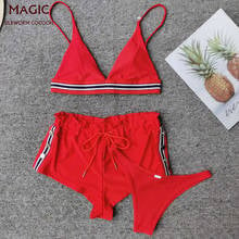 Bikini de cintura alta para mujer, traje de baño de retazos con realce, conjunto de tres piezas rojo, ropa de playa con cuello Halter, novedad 2024 - compra barato