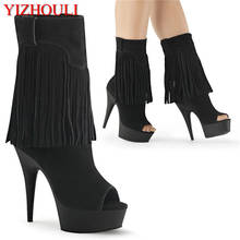 New 15cm heels, low-heeled dinner boots, 6in high-heeled suede tassels, nightclub pole dancing sexy ankle boots 2024 - buy cheap