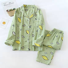 New Ladies Pajamas Sets 100% Gauze Cotton Cartoon Printed Pyjamas Women 2Pcs Turn-down Neck Shirt+Pants Comfort Nature Sleepwear 2024 - buy cheap