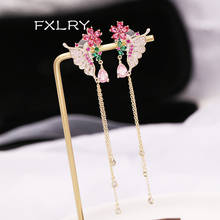 FXLRY-pendientes con microincrustaciones de circonita para mujer, aretes largos de mariposa y flores, color dorado, romántico, novedad 2024 - compra barato