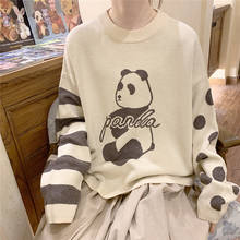 Harajuku Kawaii Womens Knitted Sweater Autumn Striped Vintage Oversized Sweater Girls Beige Knitwear Cute Panda Loose Jumper 2024 - buy cheap