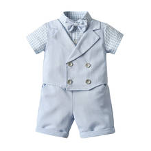 Комплекты одежды для маленьких мальчиков в джентльменском стиле; Клетчатые однобортные топы с короткими рукавами и галстуком-бабочкой; Шорты 2024 - купить недорого