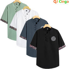 Black Embroidered Short Sleeved T Shirt for Men, Cotton Linen Thin Retro Top, Big Size Camisetas Round Neck T Shirts S-4XL 5XL 2024 - buy cheap