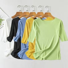 Camiseta de manga corta con cuello de barco para mujer, suéter de punto fino de seda de hielo, de Color sólido, tejido elástico, camisetas de talla grande 2024 - compra barato