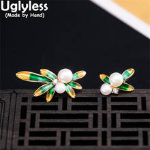 Uglyless Asymmetric Bamboo Studs Earrings for Women Tropical Nature Pearls Earrings 925 Silver Brincos Ethnic China Chic Jewelry 2024 - buy cheap