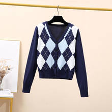 Women Cardigan Vintage Stylish Geometric Pattern Short Knitted Sweater Fashion Long Sleeve England Style Outerwear 2024 - buy cheap