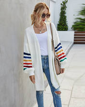 New Women Fashion knitted Coats Casual Long Sleeve Long Cardigans Rainbow Stripes Fall Coats Loose Sweater Tops Outfits 2024 - buy cheap