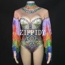 Fashion Colorful Rhinestones Fringes Leotard Costume Women's Birthday Prom Celebrate Outfit Bar Evening Women Dancer Bodysuit 2024 - buy cheap