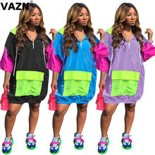 VAZN Casual patchwork colors 2020 summer sexy lady mid dress half sleeve hooded pocket dress young lady loose straight new dress 2024 - buy cheap