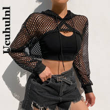 Пикантный черный сетчатый топ Ucuhulnl, женская футболка, прозрачная дышащая футболка с длинным рукавом, укороченный топ, футболка, уличная одежда 2024 - купить недорого