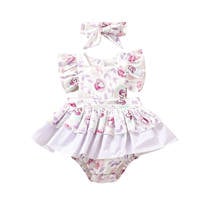 Baby Romper with Headband, Girls Flower Print Square Neck Fly Sleeve Jumpsuit+ Hair Band for Summer, Purple 2024 - buy cheap