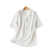 Женская шелковая блузка, белая шелковая блузка с V-образным вырезом, весна-лето 100% 2024 - купить недорого