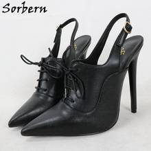 Sorbern-zapatos de tacón alto de 14Cm para mujer, de cuero auténtico tacones de aguja con cordones, punta estrecha, para fiesta 2024 - compra barato