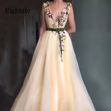 Champagne Prom Dresses V-Neck Appliques with Handmade Flowers A-Line Tulle Long Evening Gown Arabic Party Dress for Graduation 2024 - buy cheap