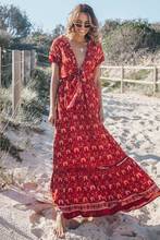 Happie rainhas vermelho floral impressão de manga curta praia longo boêmio feminino maxi vestido senhoras sexy arco v pescoço verão boho vestidos 2024 - compre barato