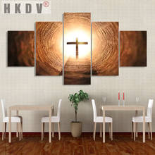 HKDV Traditional 5 Panels Glowing Jesus Crosses Pictures Wall Art HD Printed Posters Canvas Painting  Living Room Home Decor 2024 - buy cheap